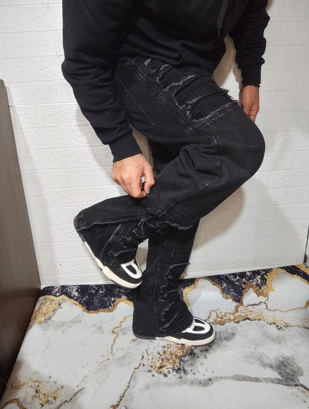 Black Destroyed Stacked Jeans